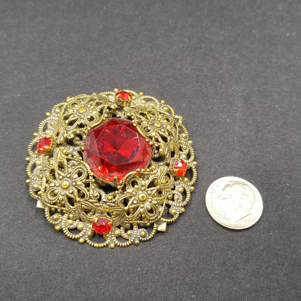 Red Rhinestone Filigree Brooch, Unmarked Germany or Czech, 1940s Vintage Jewelry